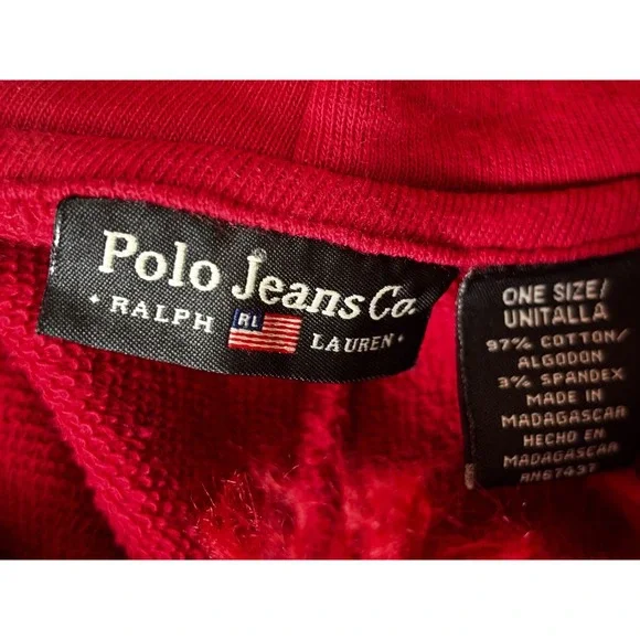 Polo Jeans Co Ralph Lauren Poncho Cape Red Fringe Hooded One Size Vintage Boho - Picture 8 of 8